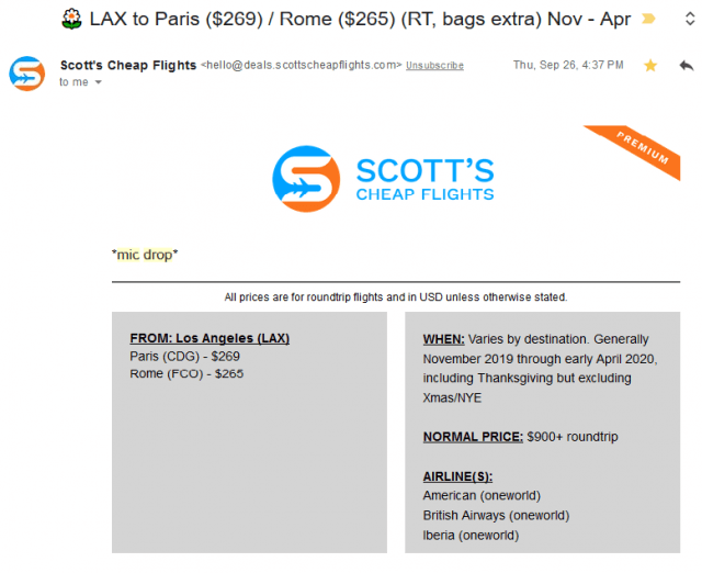 LAX to Paris or Rome - mic drop
